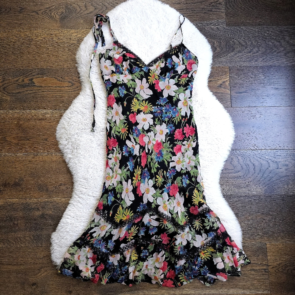 Vintage Betsey Johnson Fairy 90s Y2K Silk Floral Ruffle Midi Slip Dress